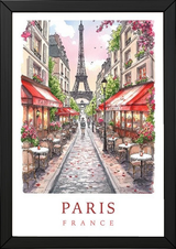Paris France Travel Poster — Eiffel Tower Street Cafe Print