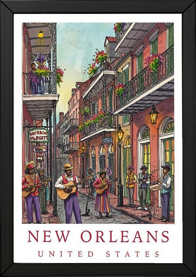 New Orleans Travel Poster — French Quarter Jazz Buskers Street Print