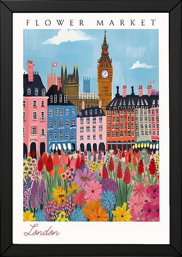 London Flower Market Print — Big Ben Cityscape British Botanical Art