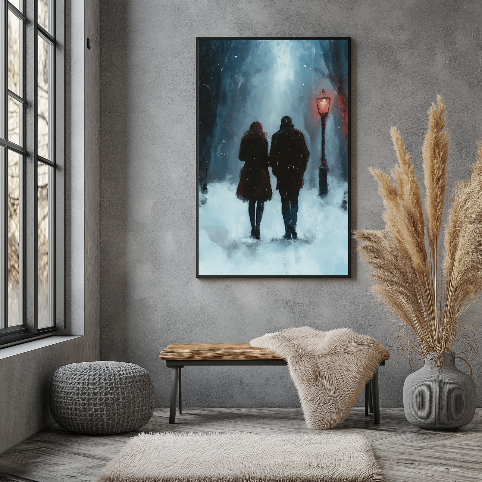 Frosted Steps, Warm Hearts Wall Art Print — Winter Couple Poster