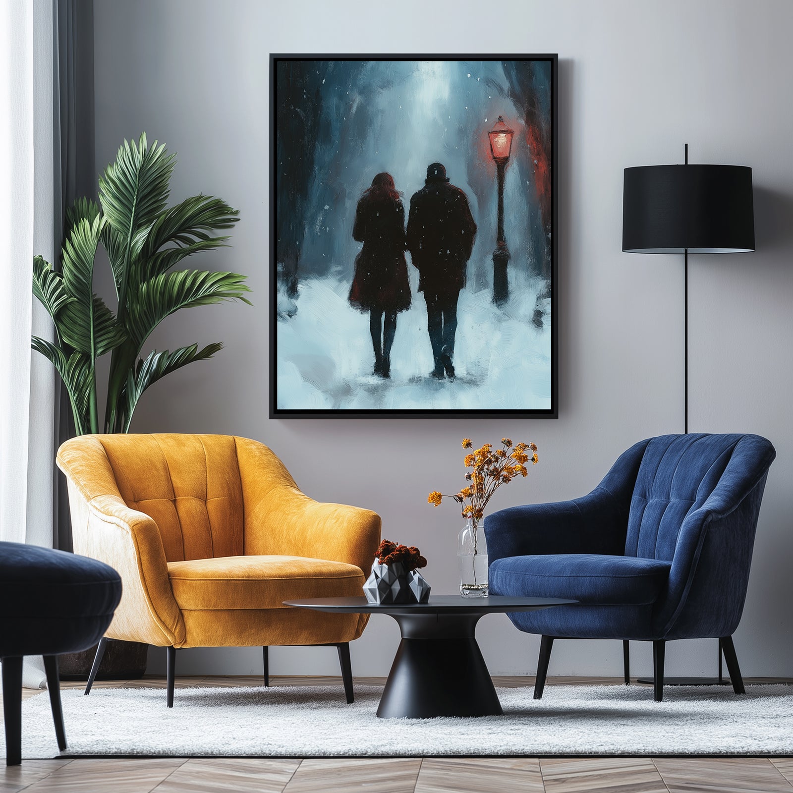 Frosted Steps, Warm Hearts Wall Art Print — Winter Couple Poster